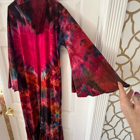 EPIC BOHO ANGEL SLEEVE COTTON JERSEY MODERN TIEDYE DRESS/kimono HOOD!!! - Picture 10 of 11